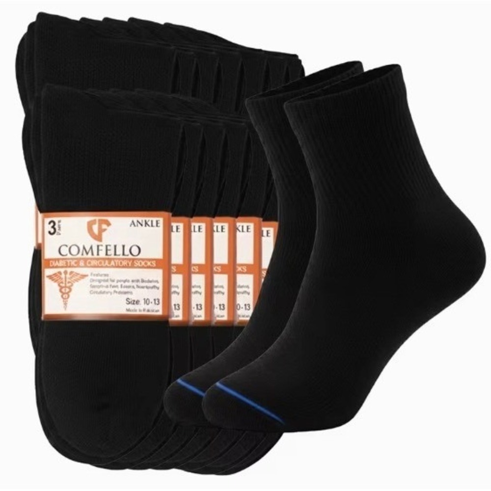 Comfello Non-Binding Black Ankle Socks 10-13 Diabetic Circulatory Edema 3 Pairs